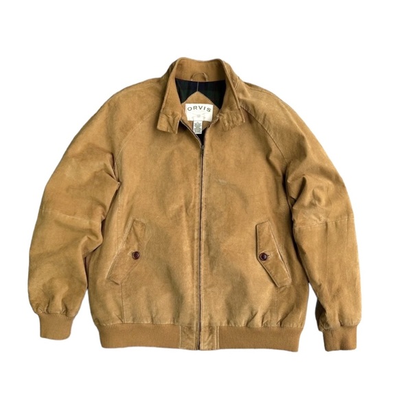 Orvis Mens Camel Tan Suede Leather Bomber Jacket, Size Large - Picture 1 of 16